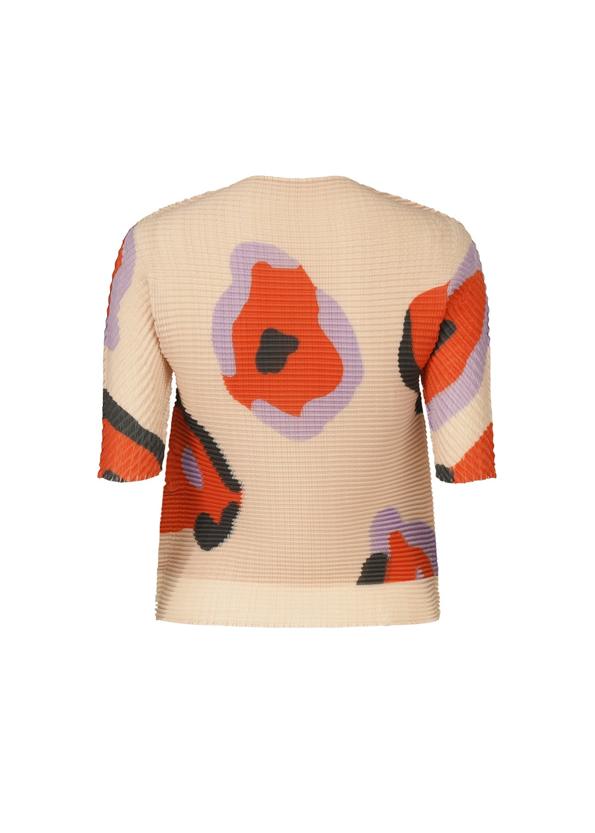 The VERVE PLEATS TOP by ISSEY MIYAKE is a beige, short-sleeved boat-neck top with pleats and bold red, black, and lavender floral abstract patterns—perfect for everyday style. view 4 of 8