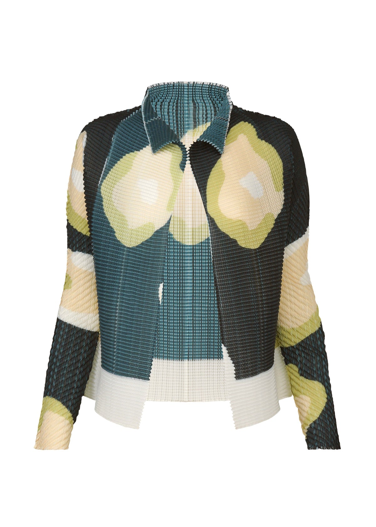 The ISSEY MIYAKE VERVE PLEATS TOP is a long-sleeve, boxy top with a pointed collar and abstract teal, black, yellow, and white pattern. Crafted from pleated fabric for an artistic texture and modern look. view 1 of 8