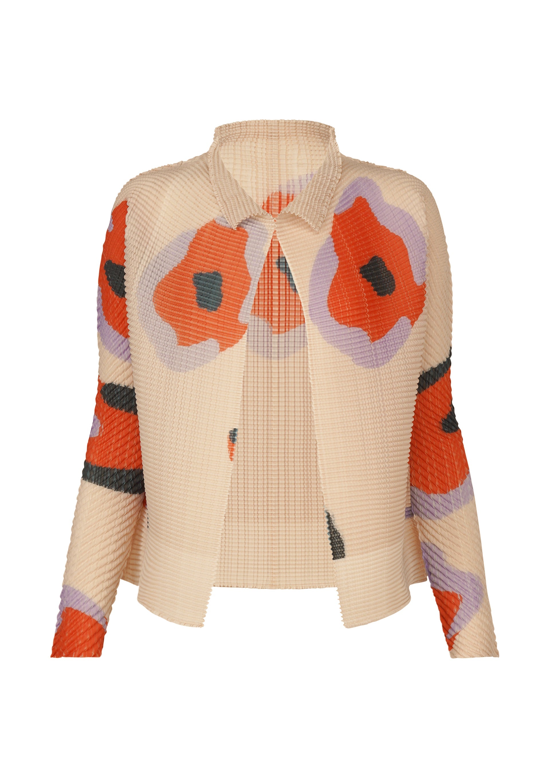 Zoomed view The ISSEY MIYAKE VERVE PLEATS TOP is a beige, long-sleeve, open-front cardigan with a wide collar and bold abstract red, purple, and black floral patterns on the front and sleeves. - BEIGE-HUED （no.46）