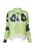 The ISSEY MIYAKE VERVE PLEATS TOP is a textured, long-sleeve collared cardigan with green, white, and black abstract patterns on pleated fabric, shown against a white background. - GREEN-HUED （no.66）