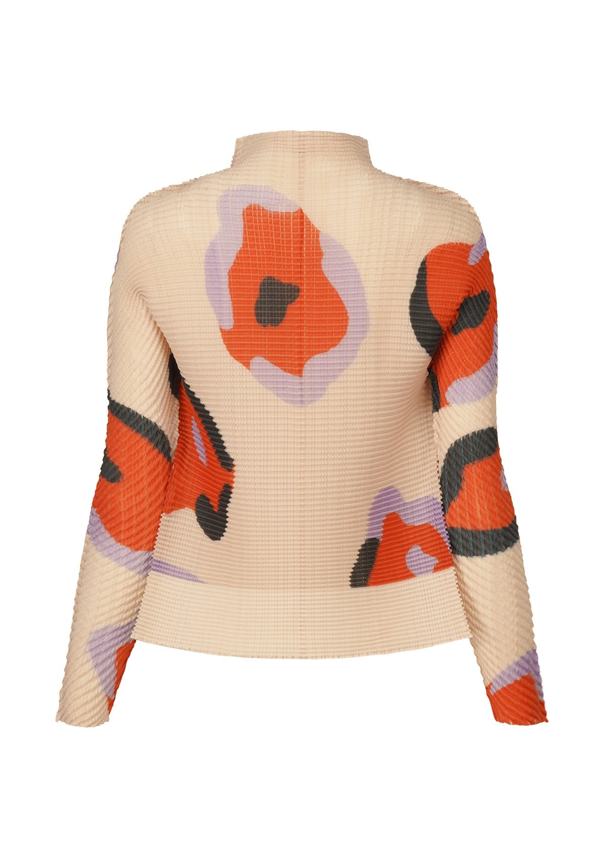 The VERVE PLEATS TOP by ISSEY MIYAKE is a beige, long-sleeve, high-neck top with pleated fabric and bold abstract red, black, and purple floral print. The textured design is shown from the back. view 4 of 8