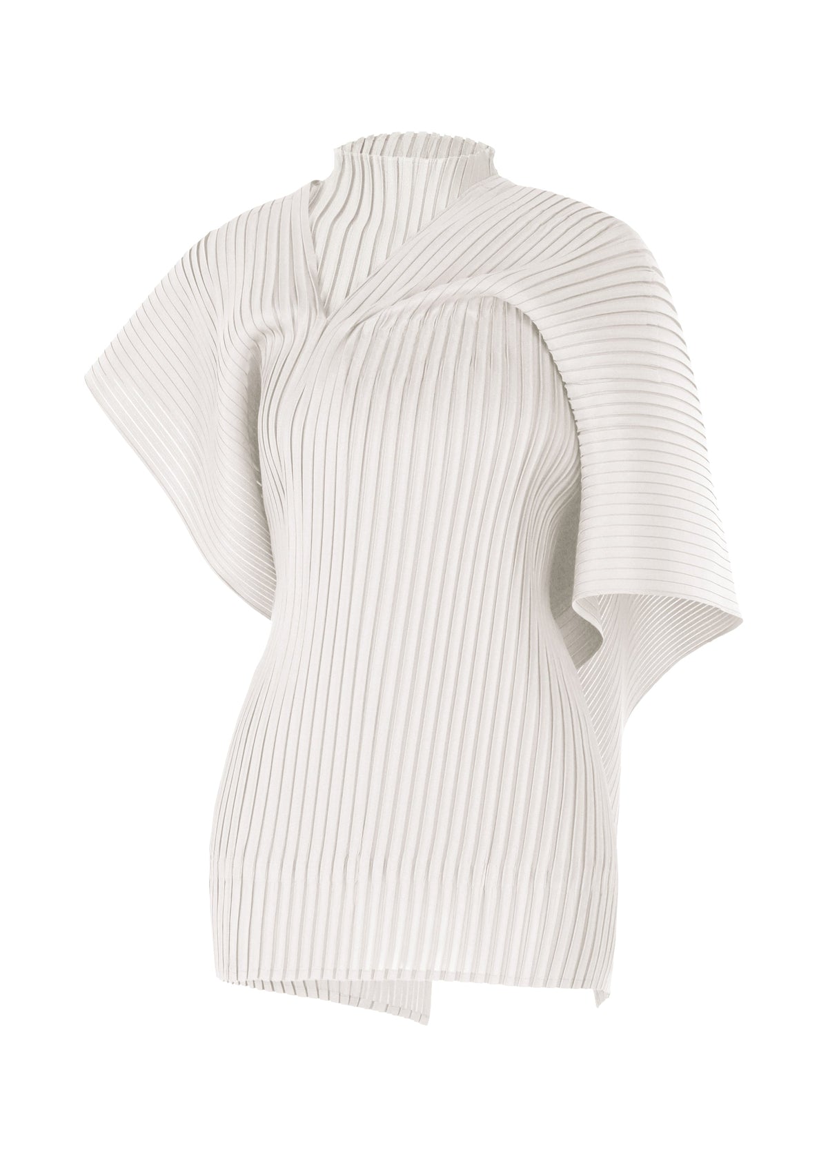 ISSEY MIYAKE PLEATED ON PLEATS: A white high-neck top with asymmetrical short sleeves, featuring vertical ribbed texture, pleated base, and a modern draped silhouette with subtle layered design. view 1 of 10