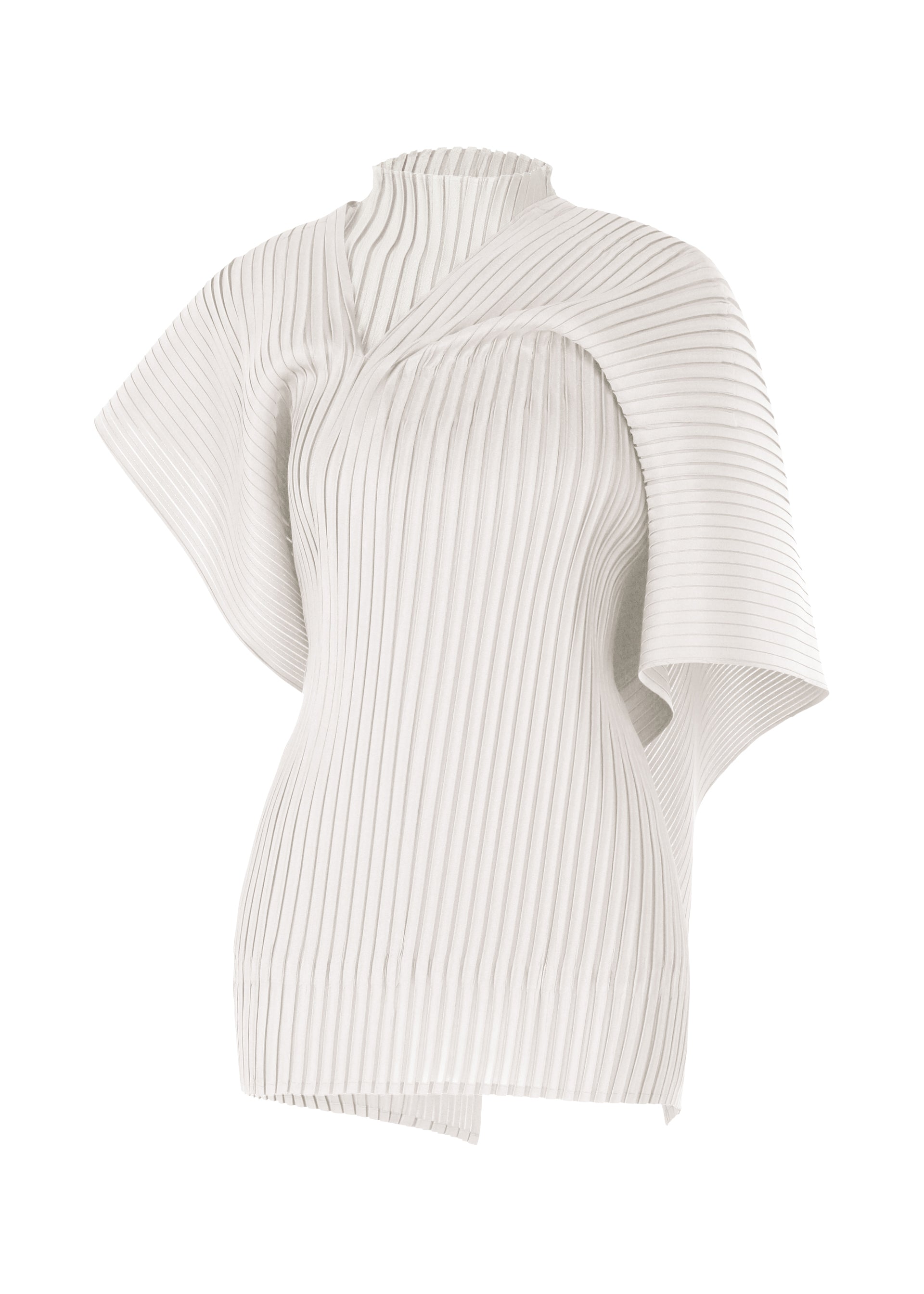 Zoomed view ISSEY MIYAKE PLEATED ON PLEATS: A white high-neck top with asymmetrical short sleeves, featuring vertical ribbed texture, pleated base, and a modern draped silhouette with subtle layered design. - LIGHT GRAY（no.11)