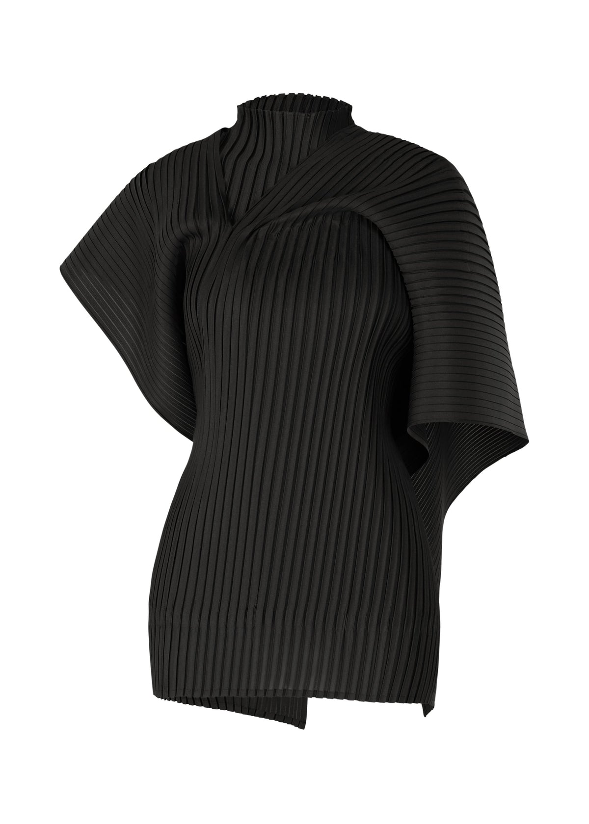 The PLEATED ON PLEATS top by ISSEY MIYAKE is a sculptural black high-neck design with asymmetric pleated fabric, featuring one short sleeve and one draped extended sleeve for a modern, architectural look. view 2 of 10