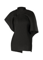The PLEATED ON PLEATS top by ISSEY MIYAKE is a sculptural black high-neck design with asymmetric pleated fabric, featuring one short sleeve and one draped extended sleeve for a modern, architectural look. - BLACK （no.15）