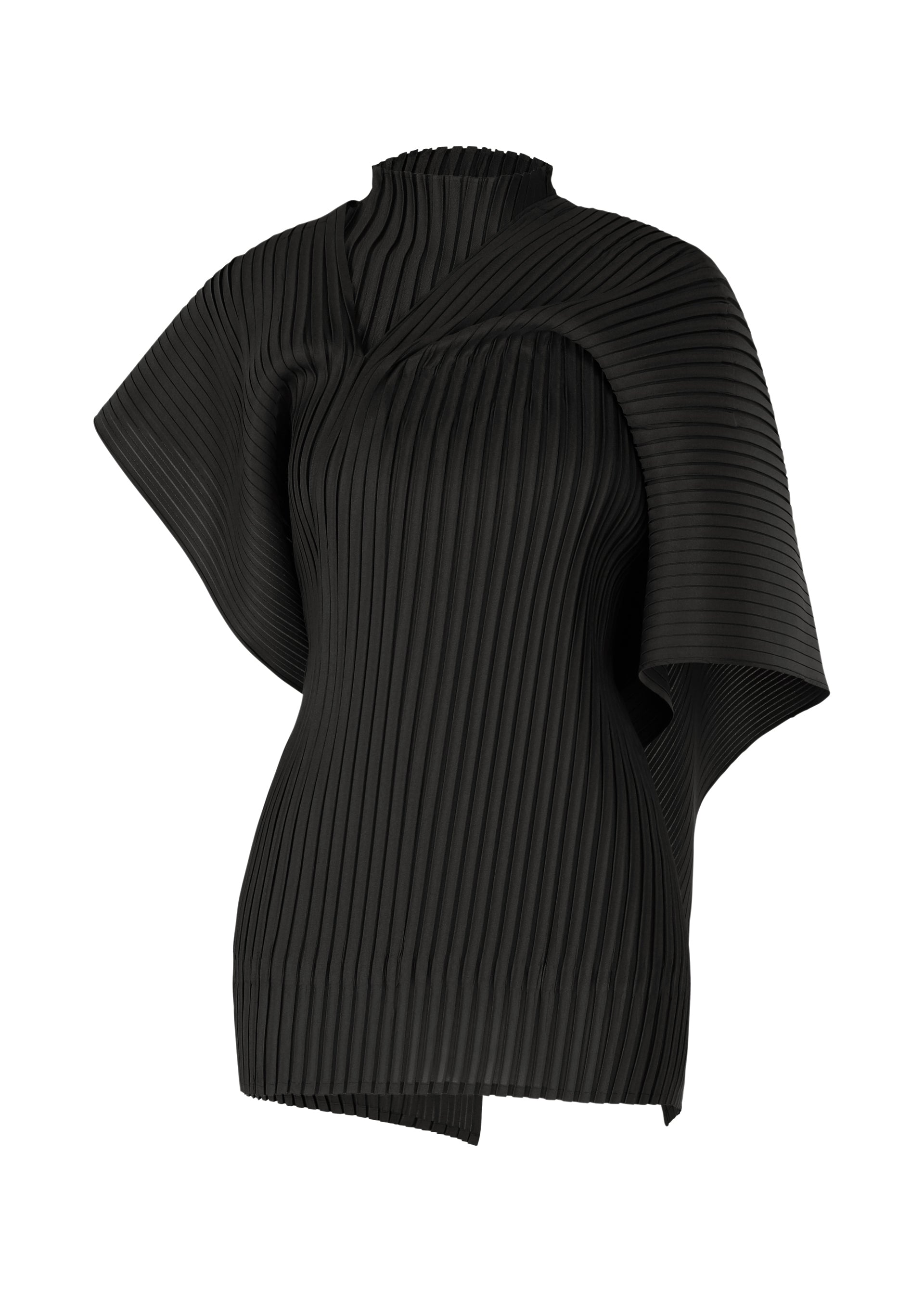 Zoomed view The PLEATED ON PLEATS top by ISSEY MIYAKE is a sculptural black high-neck design with asymmetric pleated fabric, featuring one short sleeve and one draped extended sleeve for a modern, architectural look. - BLACK （no.15）