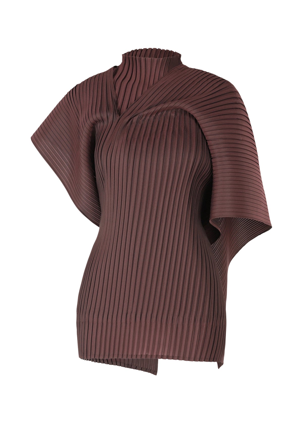 The PLEATED ON PLEATS top by ISSEY MIYAKE is a deep burgundy, asymmetrical high-neck piece with a ribbed, pleated texture, featuring one short sleeve and a draped cape-like sleeve for a bold layered effect. view 3 of 10