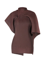 The PLEATED ON PLEATS top by ISSEY MIYAKE is a deep burgundy, asymmetrical high-neck piece with a ribbed, pleated texture, featuring one short sleeve and a draped cape-like sleeve for a bold layered effect. - BURGUNDY (no.85)