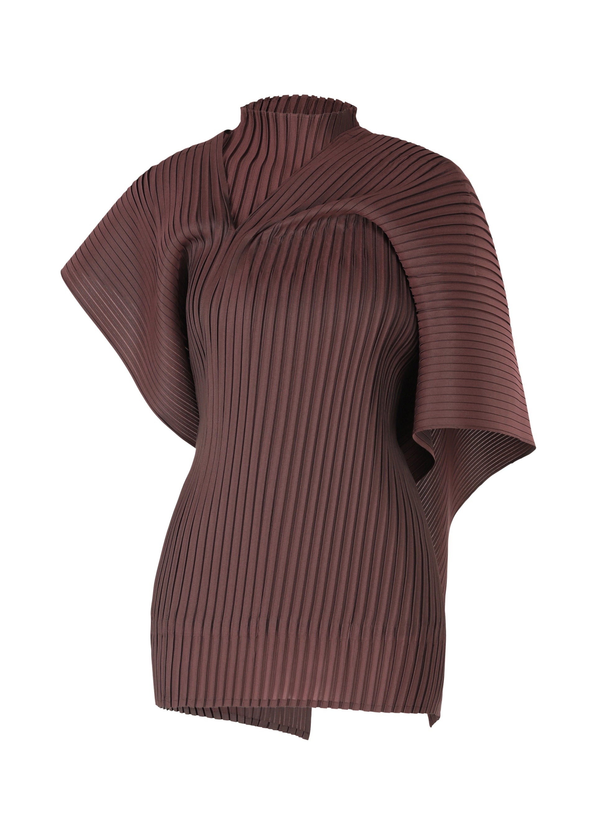 Zoomed view The PLEATED ON PLEATS top by ISSEY MIYAKE is a deep burgundy, asymmetrical high-neck piece with a ribbed, pleated texture, featuring one short sleeve and a draped cape-like sleeve for a bold layered effect. - BURGUNDY (no.85)