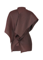 The ISSEY MIYAKE PLEATED ON PLEATS top features a sculptural high neck, short sleeves, and an asymmetric layered design in dark brown pleated fabric, creating dramatic folds and a striking statement look.
