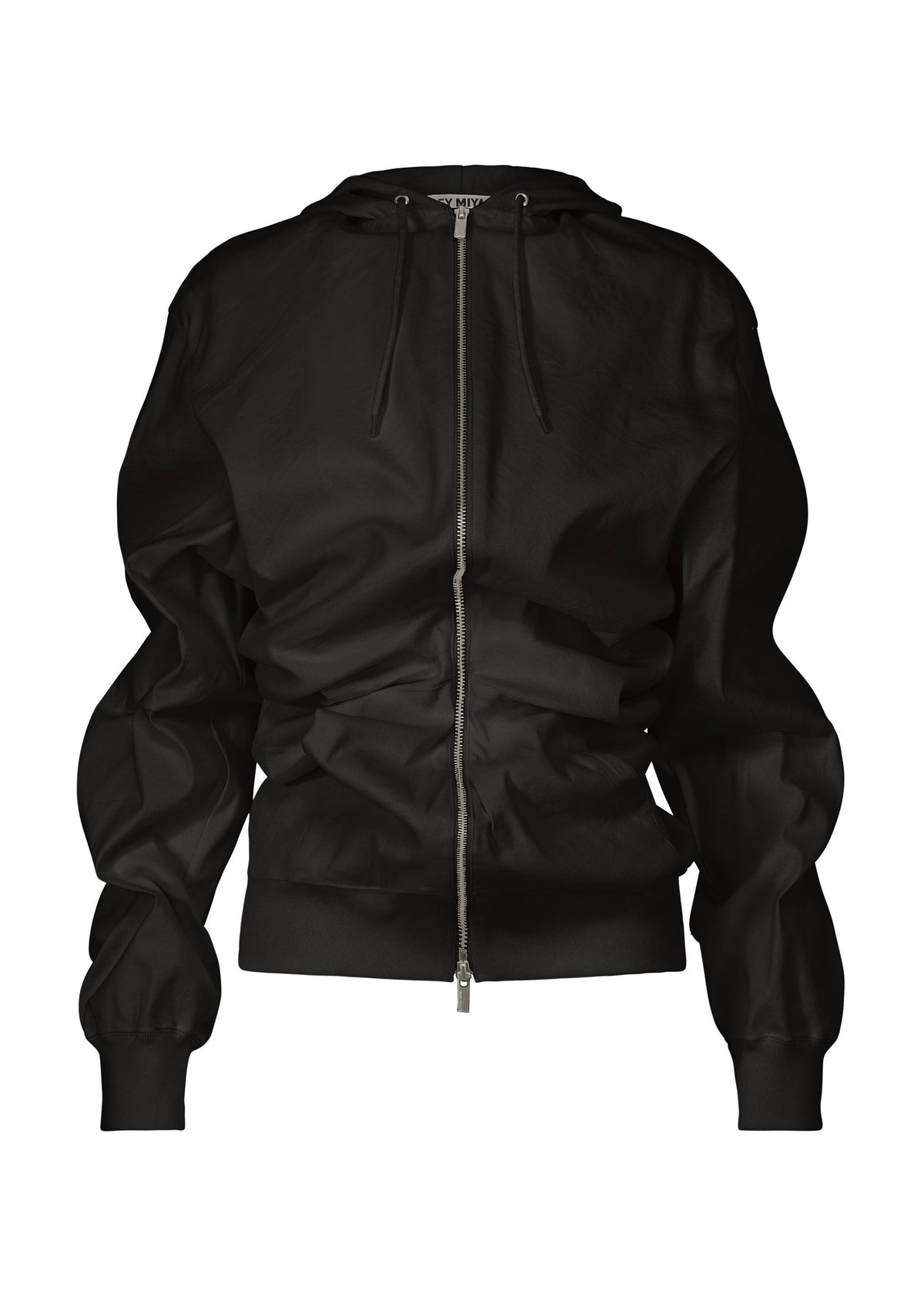 The ISSEY MIYAKE GENERIC WEAR hoodie in black features unique detailing, a front zipper, long sleeves, a hood with drawstrings, and ribbed cuffs and hem, displayed on a white background. view 2 of 10