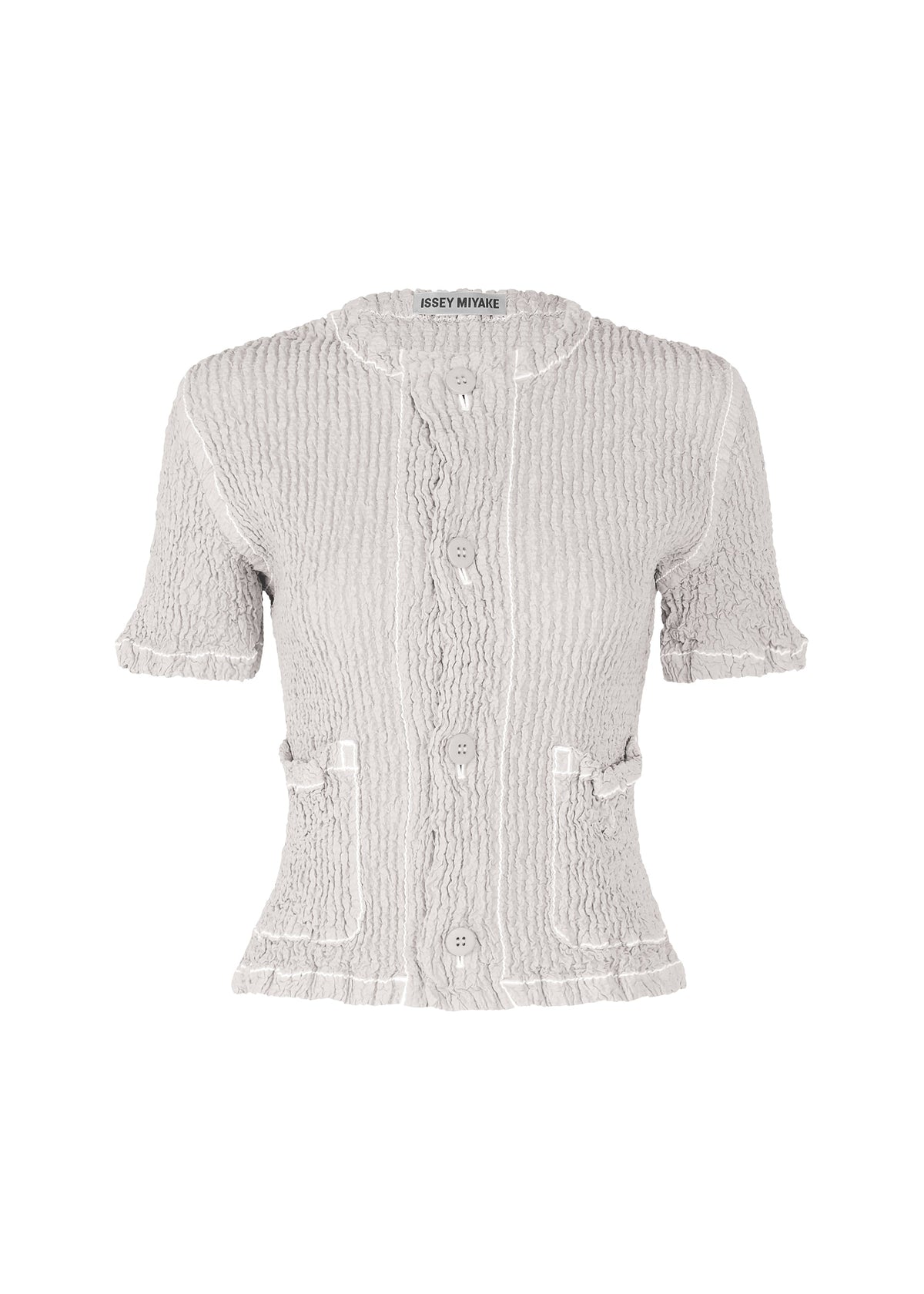 The WAVELET ENSEMBLE by ISSEY MIYAKE is a light gray jacquard stretch blouse featuring short sleeves, a crinkled texture, front buttons, rounded collar, decorative seams, two waist buckle straps, and ruffled hems and sleeves. view 1 of 7