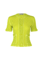 A short-sleeved, bright yellow-green jacquard stretch blouse called WAVELET ENSEMBLE by ISSEY MIYAKE, featuring large buttons, two small front pockets, crinkled fabric, and a label at the collar. - PARAKEET GREEN (no.64)