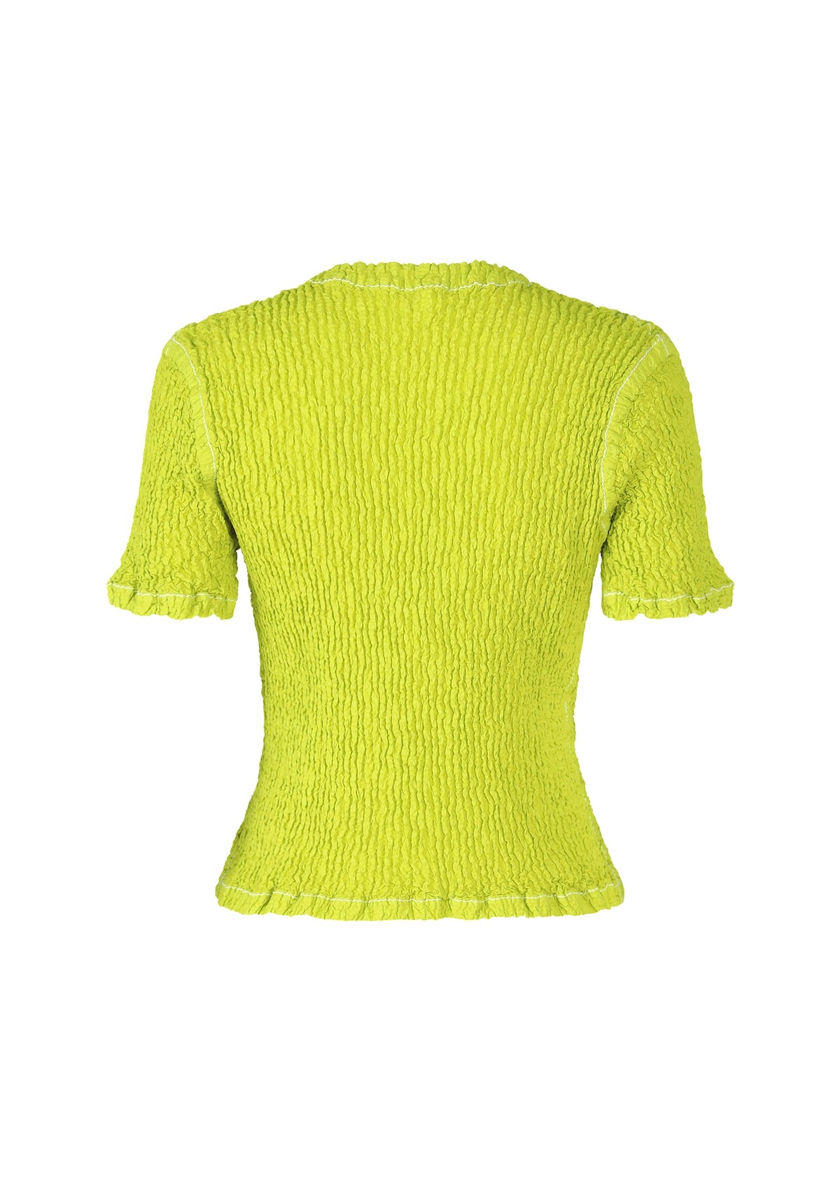 The WAVELET ENSEMBLE by ISSEY MIYAKE is a bright lime green jacquard stretch women’s top in lightweight polyester with short sleeves and ruffled edges, shown from the back against a plain white background. view 4 of 7
