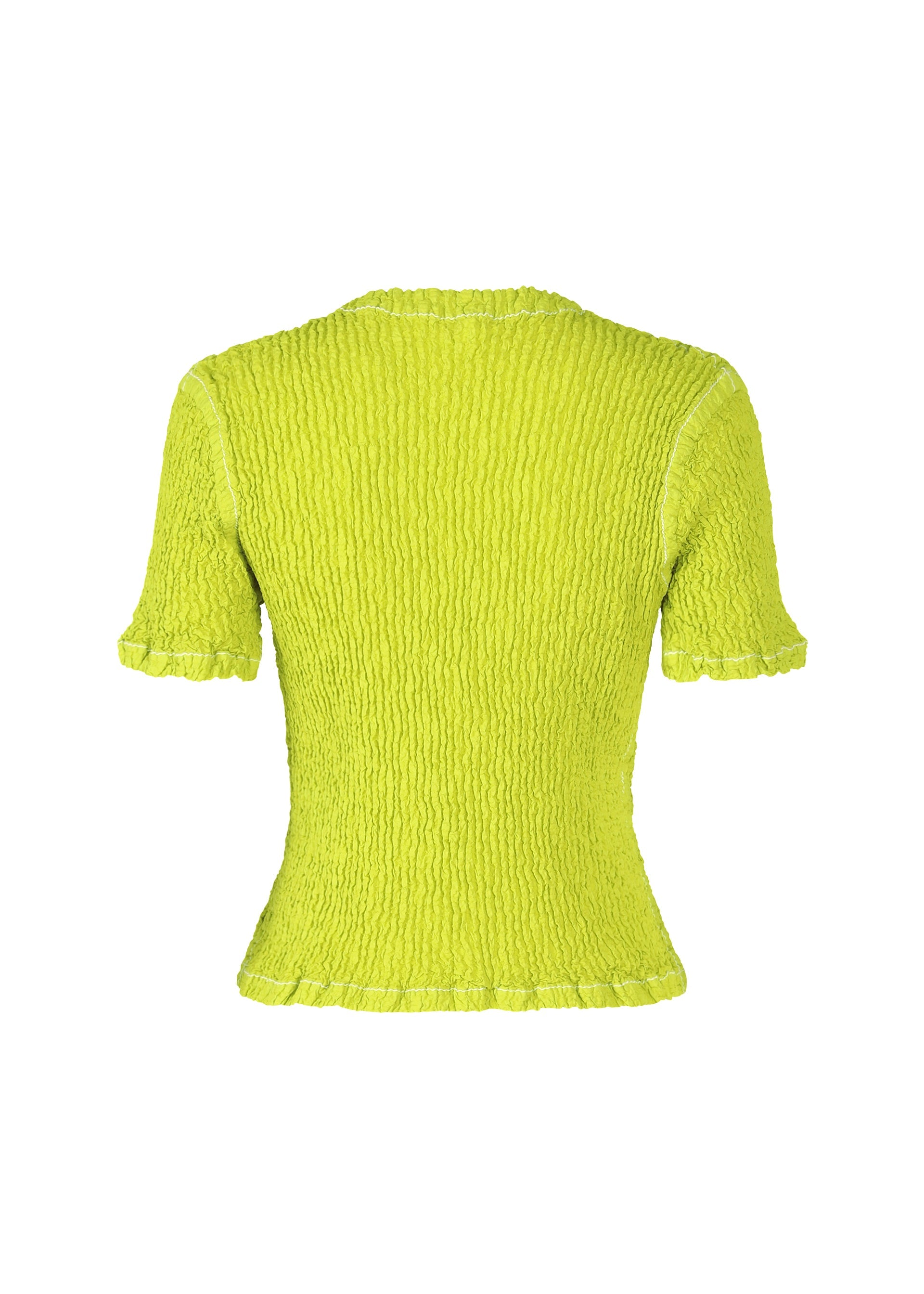 Zoomed view The WAVELET ENSEMBLE by ISSEY MIYAKE is a bright lime green jacquard stretch women’s top in lightweight polyester with short sleeves and ruffled edges, shown from the back against a plain white background.