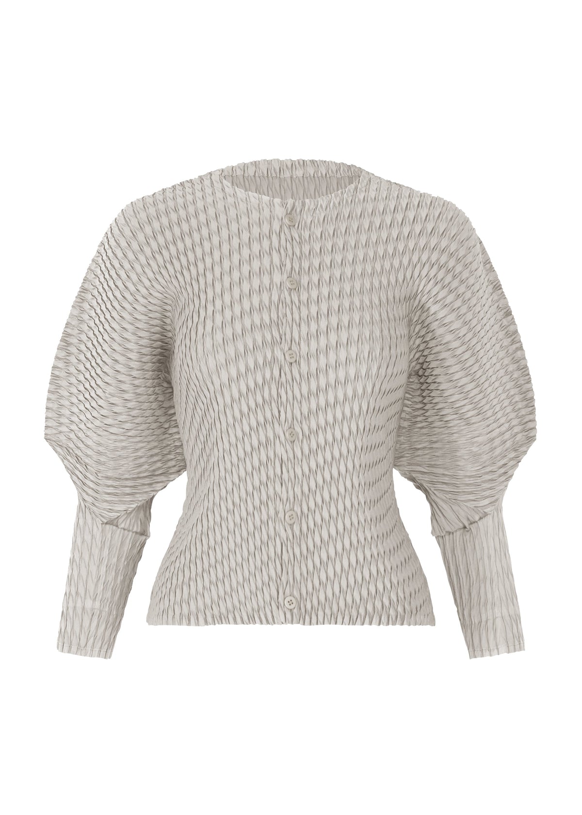 The SLEEK PLEATS cardigan by ISSEY MIYAKE features a light grey textured knit with raised crinkled pleats, front button closure, long voluminous sleeves, and a fitted waist. view 1 of 7