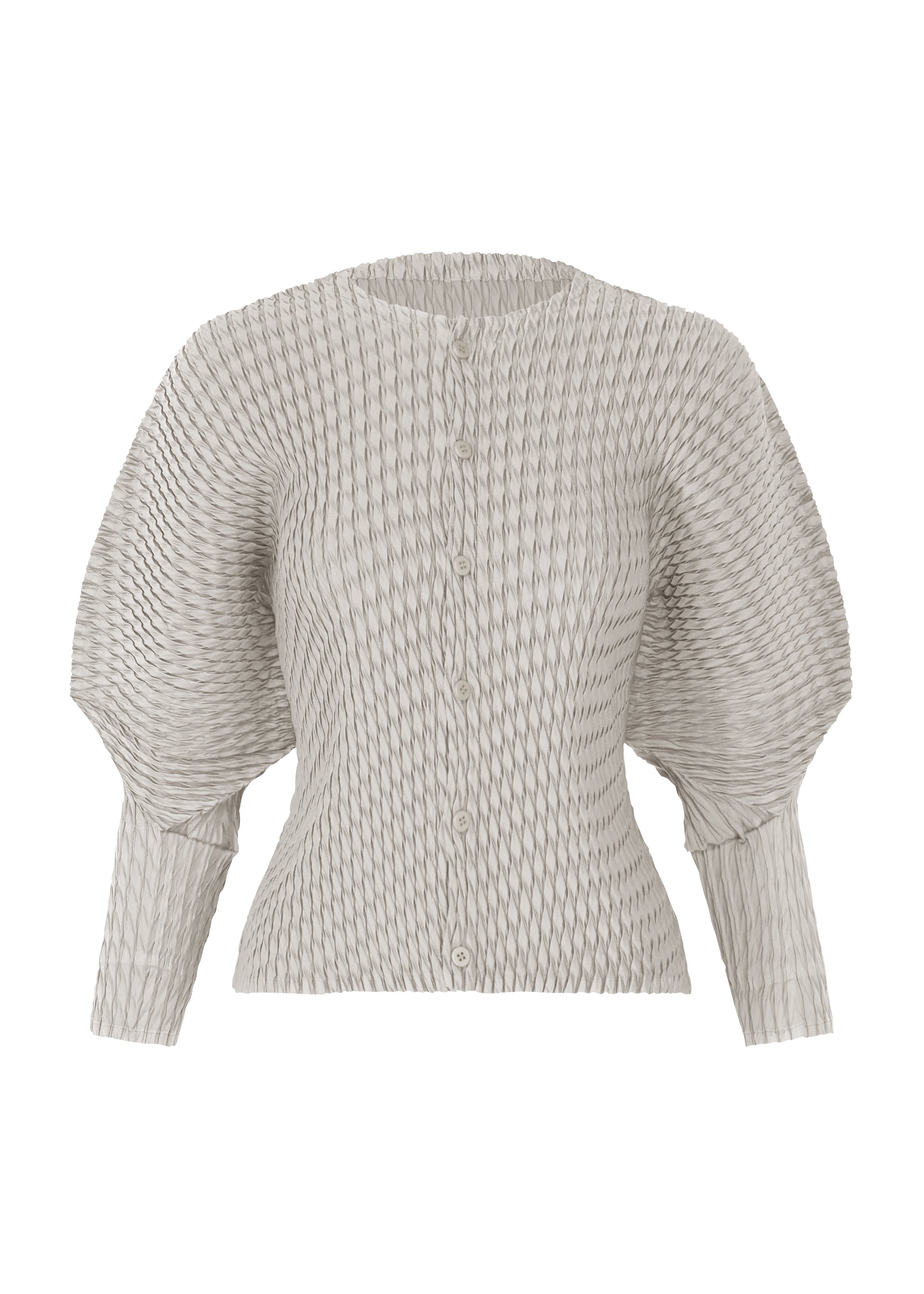 Zoomed view The SLEEK PLEATS cardigan by ISSEY MIYAKE features a light grey textured knit with raised crinkled pleats, front button closure, long voluminous sleeves, and a fitted waist. - LIGHT GRAY （no.11）
