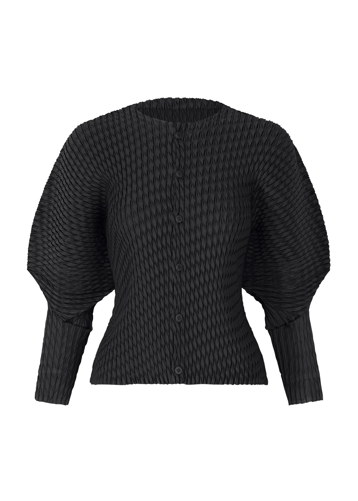 The SLEEK PLEATS by ISSEY MIYAKE is a black, long-sleeve blouse with a button-up front, voluminous sleeves, unique pleated design, and a glossy finish reminiscent of satin. view 2 of 7