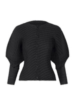 The SLEEK PLEATS by ISSEY MIYAKE is a black, long-sleeve blouse with a button-up front, voluminous sleeves, unique pleated design, and a glossy finish reminiscent of satin. - BLACK （no.15）