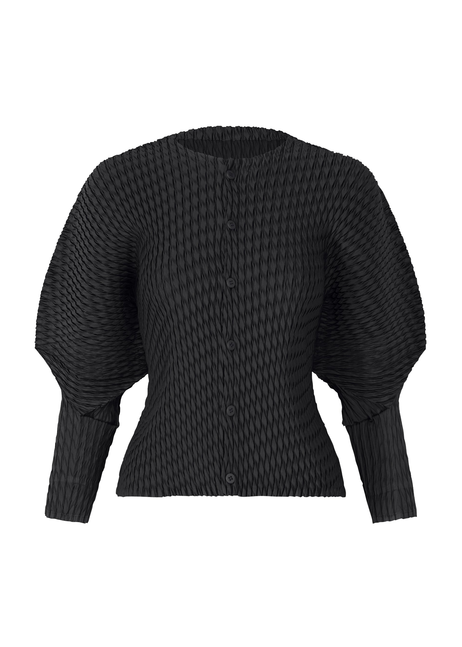 Zoomed view The SLEEK PLEATS by ISSEY MIYAKE is a black, long-sleeve blouse with a button-up front, voluminous sleeves, unique pleated design, and a glossy finish reminiscent of satin. - BLACK （no.15）