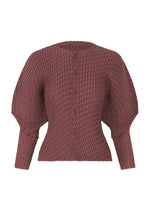 The SLEEK PLEATS by ISSEY MIYAKE is a reddish-brown, pleated cardigan with a textured glossy finish, fitted waist, and voluminous sculpted sleeves. - BURGUNDY （no.85）