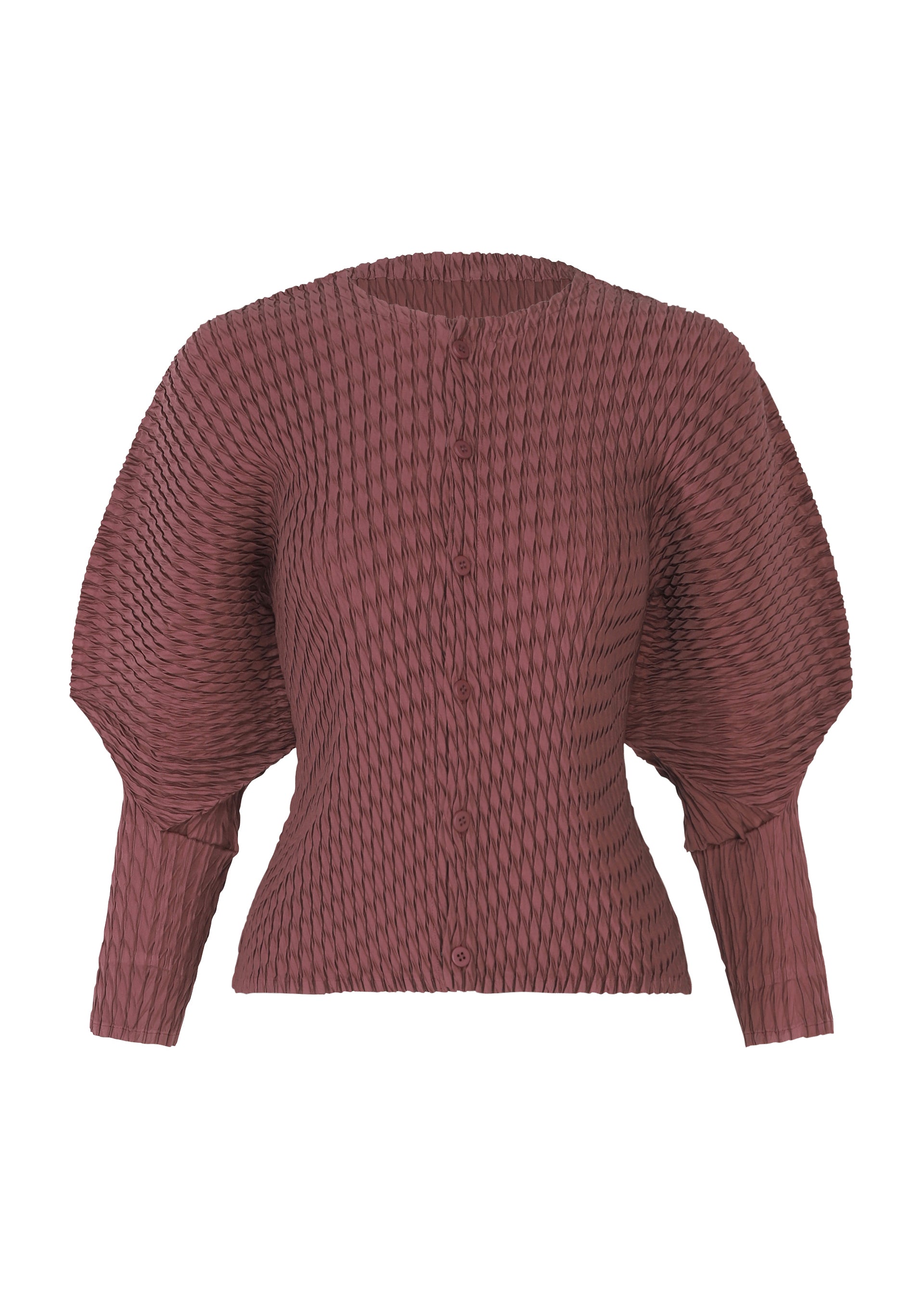 Zoomed view The SLEEK PLEATS by ISSEY MIYAKE is a reddish-brown, pleated cardigan with a textured glossy finish, fitted waist, and voluminous sculpted sleeves. - BURGUNDY （no.85）