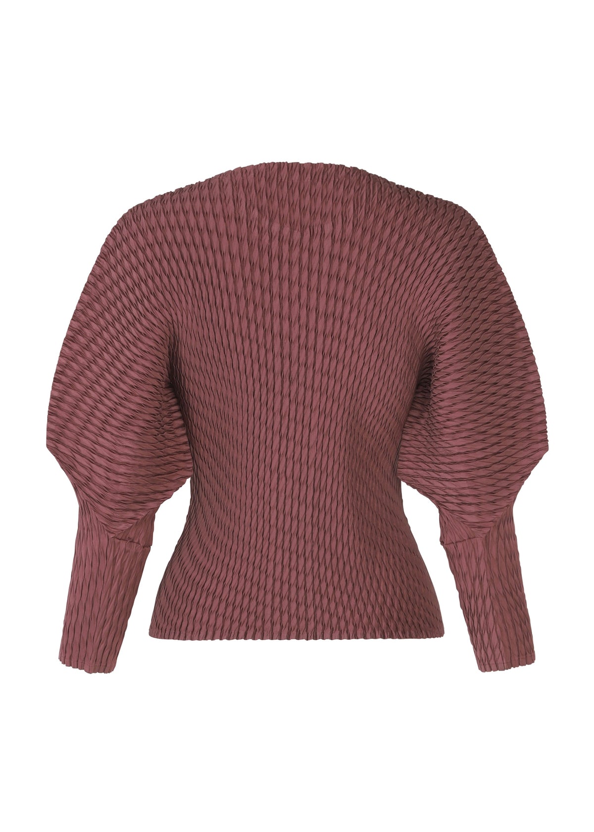 The SLEEK PLEATS top by ISSEY MIYAKE features glossy mauve pleats, ribbed texture, and voluminous long sleeves, shown from the back. view 4 of 7