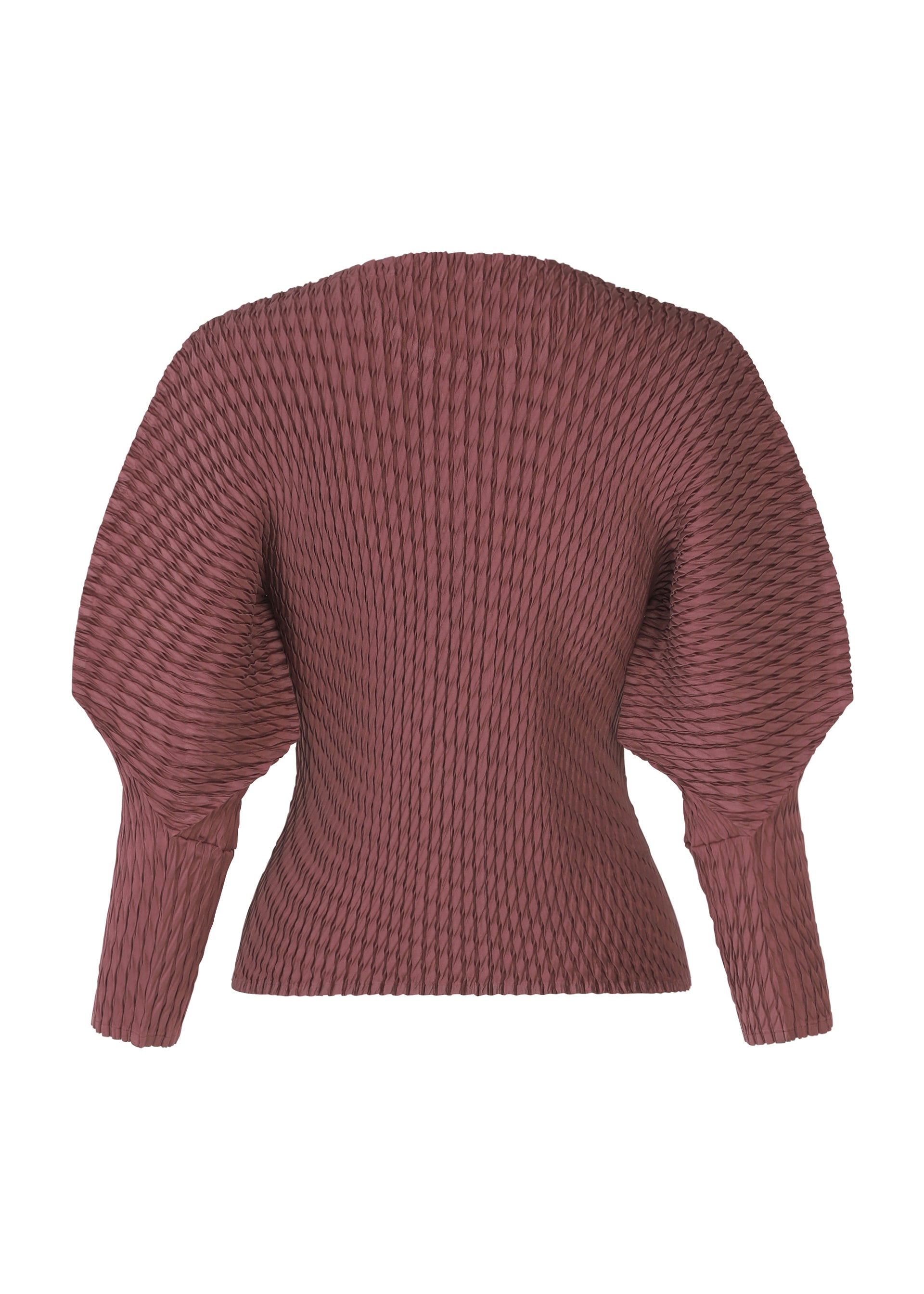 Zoomed view The SLEEK PLEATS top by ISSEY MIYAKE features glossy mauve pleats, ribbed texture, and voluminous long sleeves, shown from the back.