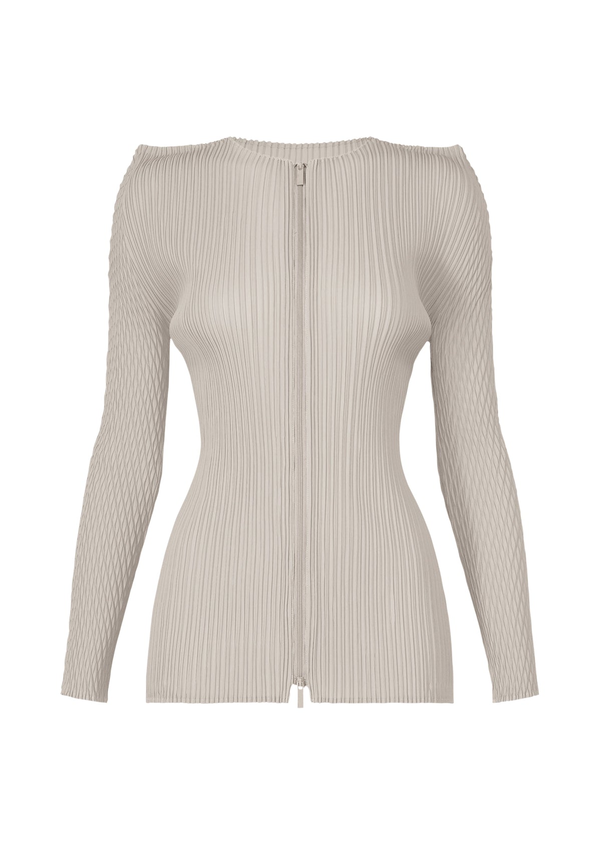 The ISSEY MIYAKE BOX SHOULDER PLEATS is a long-sleeve, light beige ribbed knit zip-up cardigan with a fitted silhouette, central front zipper, and structured box shoulder design featuring all-over vertical ribbing. view 1 of 7