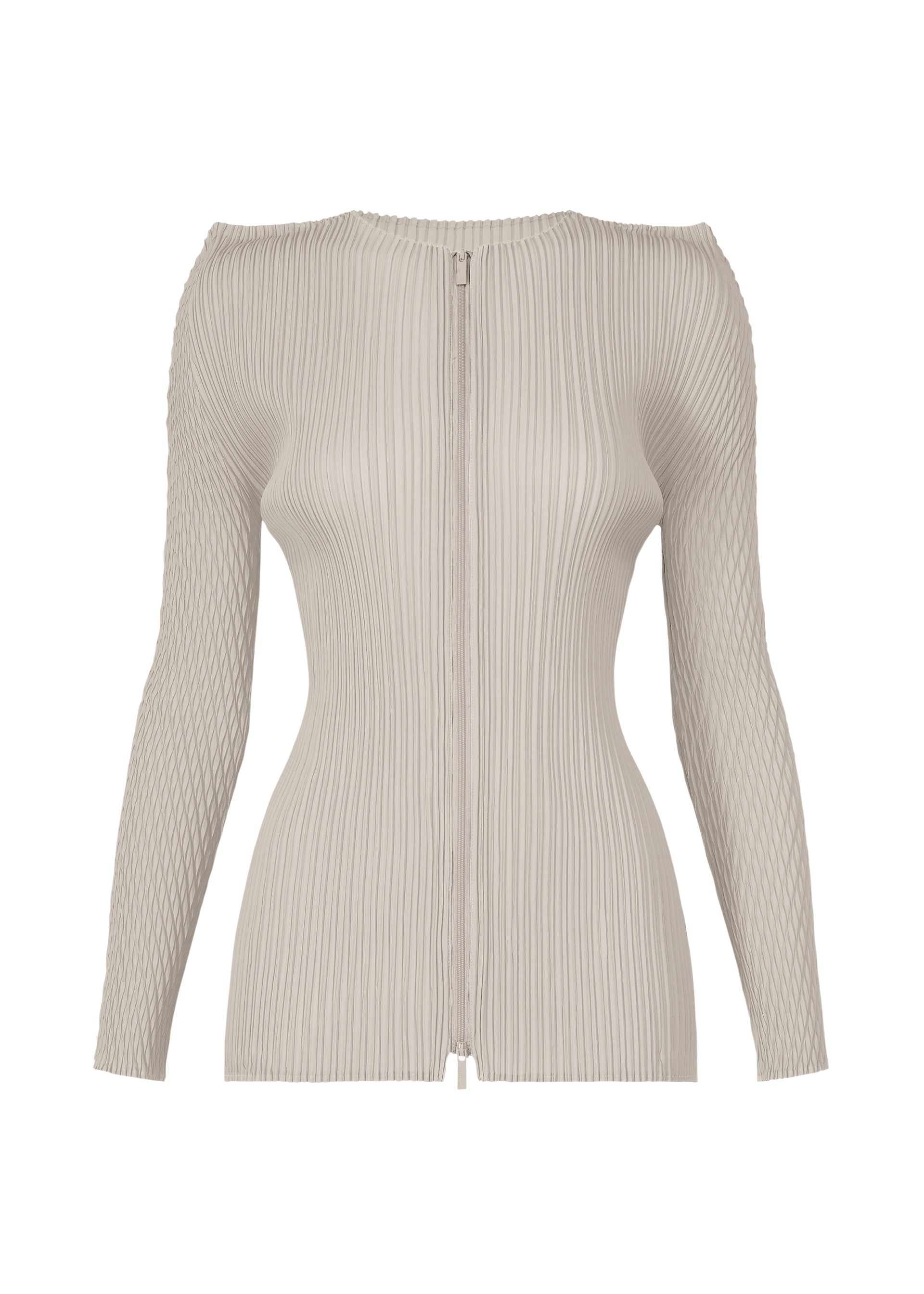 Zoomed view The ISSEY MIYAKE BOX SHOULDER PLEATS is a long-sleeve, light beige ribbed knit zip-up cardigan with a fitted silhouette, central front zipper, and structured box shoulder design featuring all-over vertical ribbing. - LIGHT GRAY （no.11）