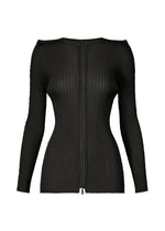 The ISSEY MIYAKE BOX SHOULDER PLEATS is a black, long-sleeve zip-up cardigan with a fitted silhouette, pleat patterns, box shoulder design, and front zipper closure, shown on a plain white background. - BLACK （no.15）