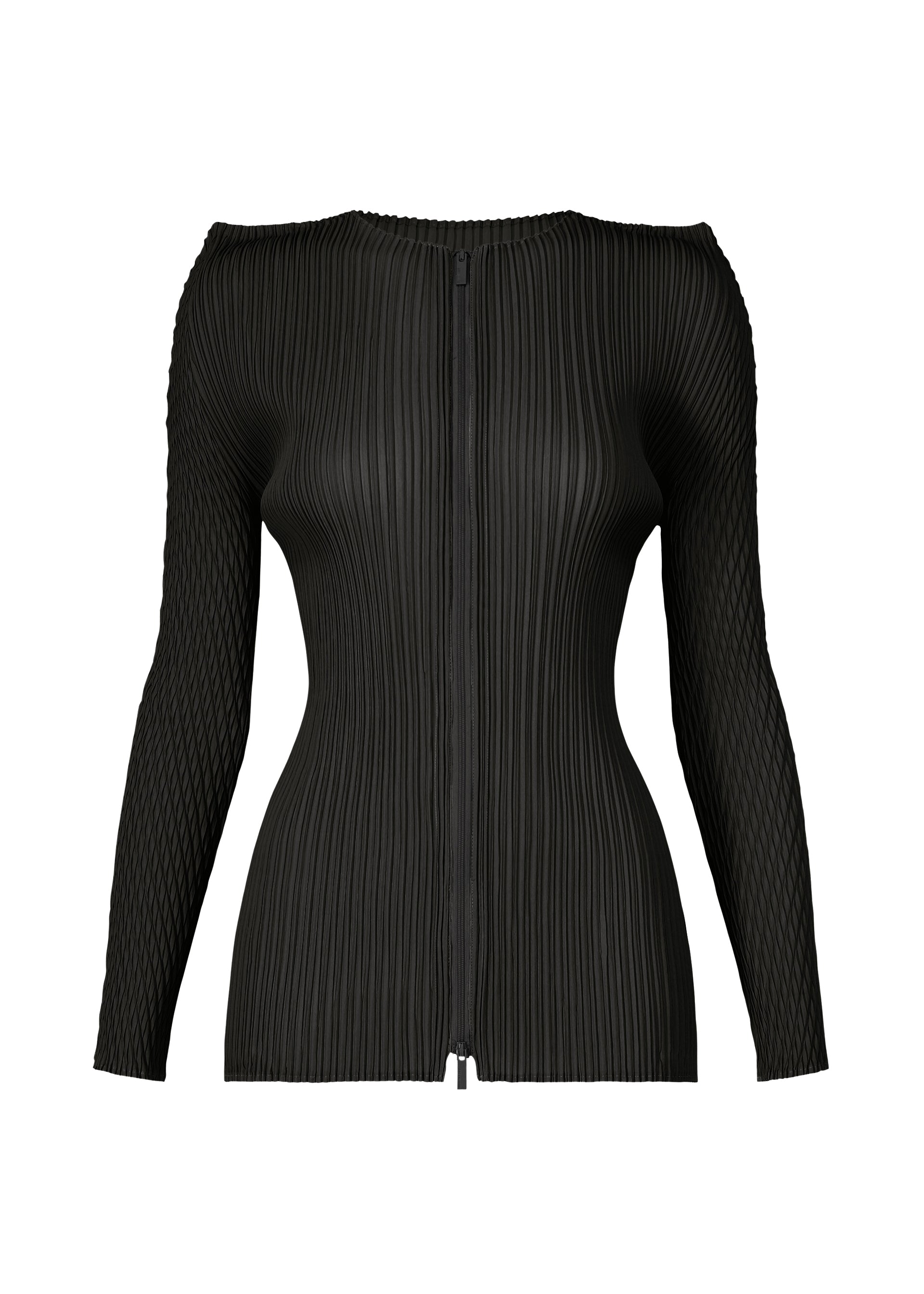 Zoomed view The ISSEY MIYAKE BOX SHOULDER PLEATS is a black, long-sleeve zip-up cardigan with a fitted silhouette, pleat patterns, box shoulder design, and front zipper closure, shown on a plain white background. - BLACK （no.15）