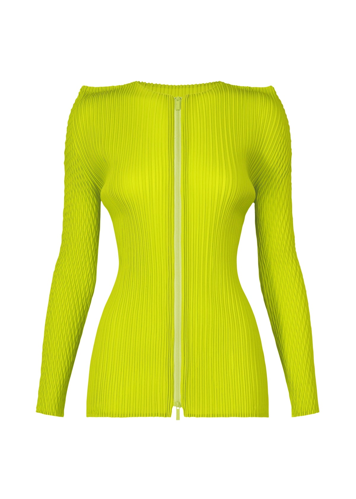 The ISSEY MIYAKE BOX SHOULDER PLEATS is a neon yellow, long-sleeve ribbed zip-up cardigan with a front zipper and box shoulder silhouette, shown on a white background. view 3 of 7