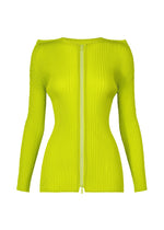 The ISSEY MIYAKE BOX SHOULDER PLEATS is a neon yellow, long-sleeve ribbed zip-up cardigan with a front zipper and box shoulder silhouette, shown on a white background. - PARAKEET GREEN （no.64）