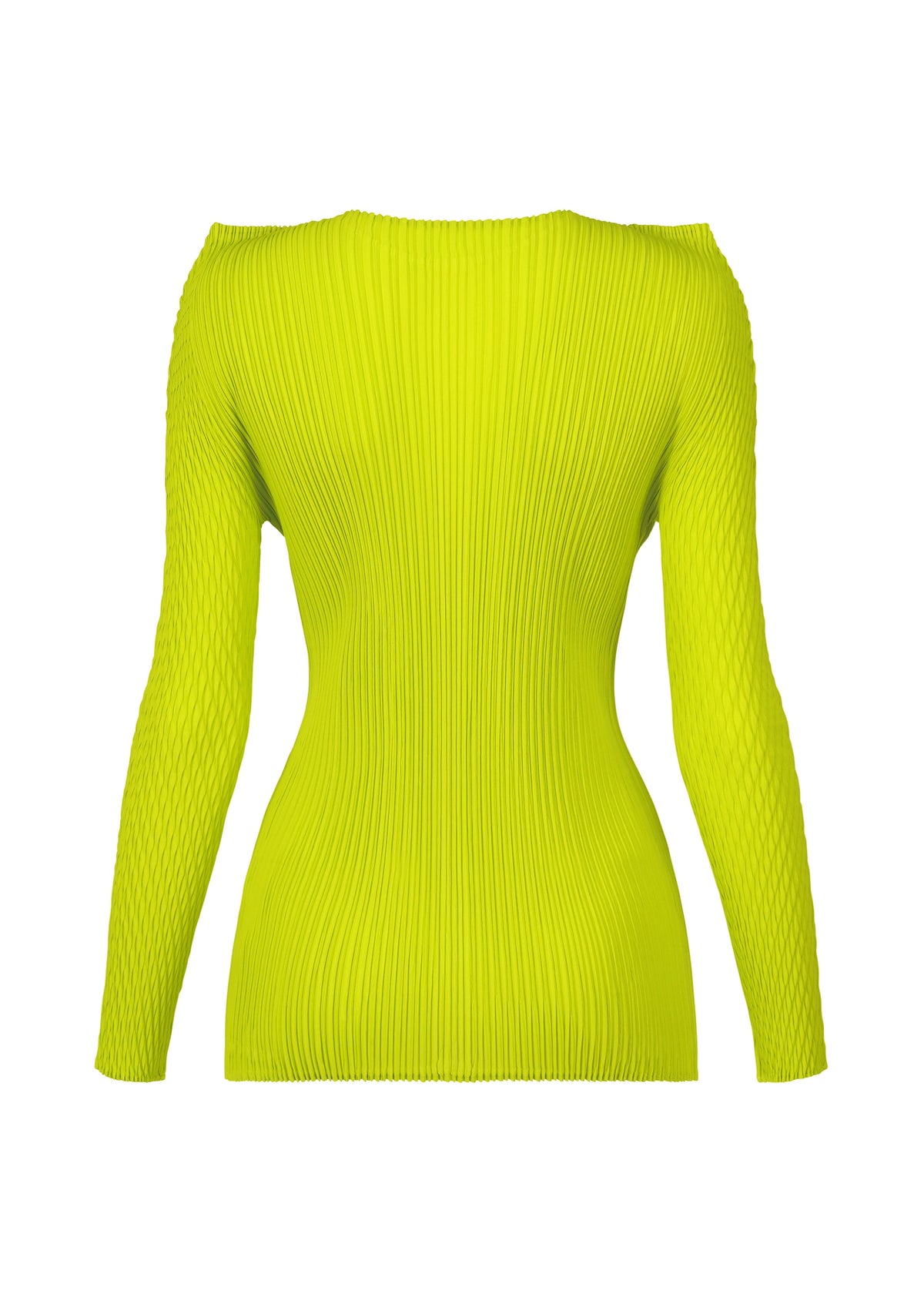 The ISSEY MIYAKE BOX SHOULDER PLEATS top is displayed from the back in bright yellow. This long-sleeve, ribbed-knit piece features a fitted silhouette with fine vertical pleats throughout the fabric. view 4 of 7