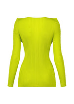 The ISSEY MIYAKE BOX SHOULDER PLEATS top is displayed from the back in bright yellow. This long-sleeve, ribbed-knit piece features a fitted silhouette with fine vertical pleats throughout the fabric.