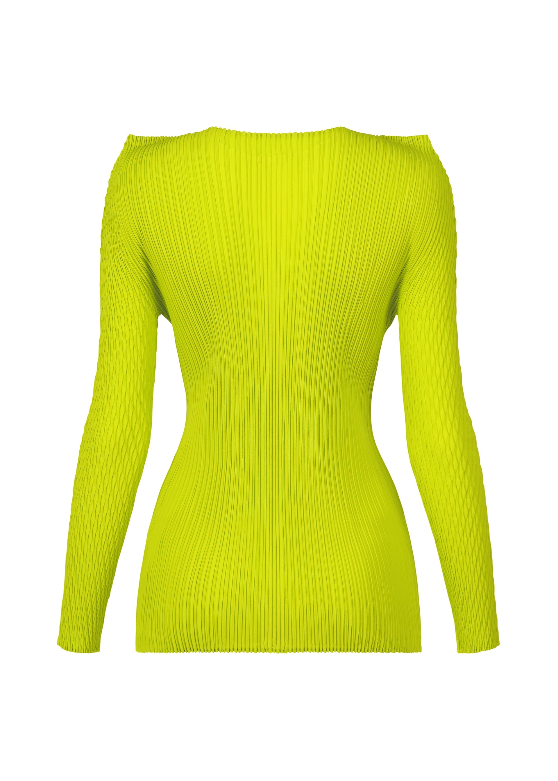 Zoomed view The ISSEY MIYAKE BOX SHOULDER PLEATS top is displayed from the back in bright yellow. This long-sleeve, ribbed-knit piece features a fitted silhouette with fine vertical pleats throughout the fabric.