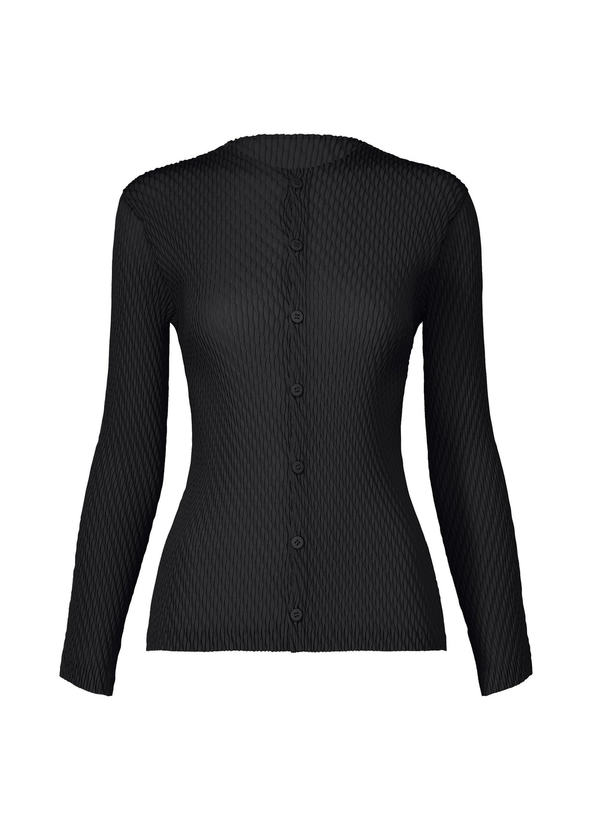 The RHOMBUS PLEATS cardigan by ISSEY MIYAKE is a black, slim-fit, long-sleeve button-up with a textured ribbed pattern and round neckline, shown against a white background. view 1 of 4