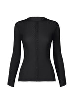The RHOMBUS PLEATS cardigan by ISSEY MIYAKE is a black, slim-fit, long-sleeve button-up with a textured ribbed pattern and round neckline, shown against a white background. - BLACK （no.15）