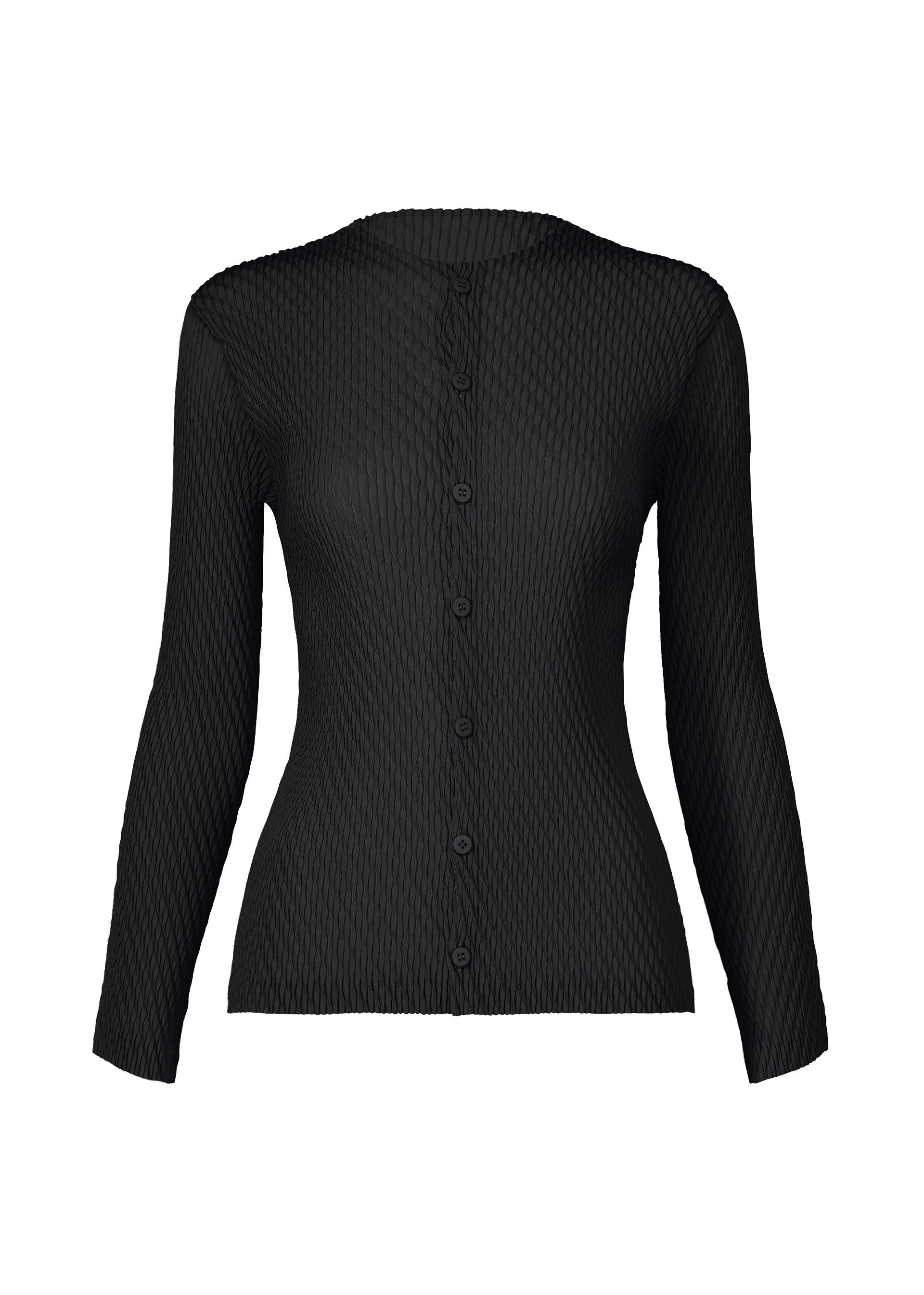 Zoomed view The RHOMBUS PLEATS cardigan by ISSEY MIYAKE is a black, slim-fit, long-sleeve button-up with a textured ribbed pattern and round neckline, shown against a white background. - BLACK （no.15）