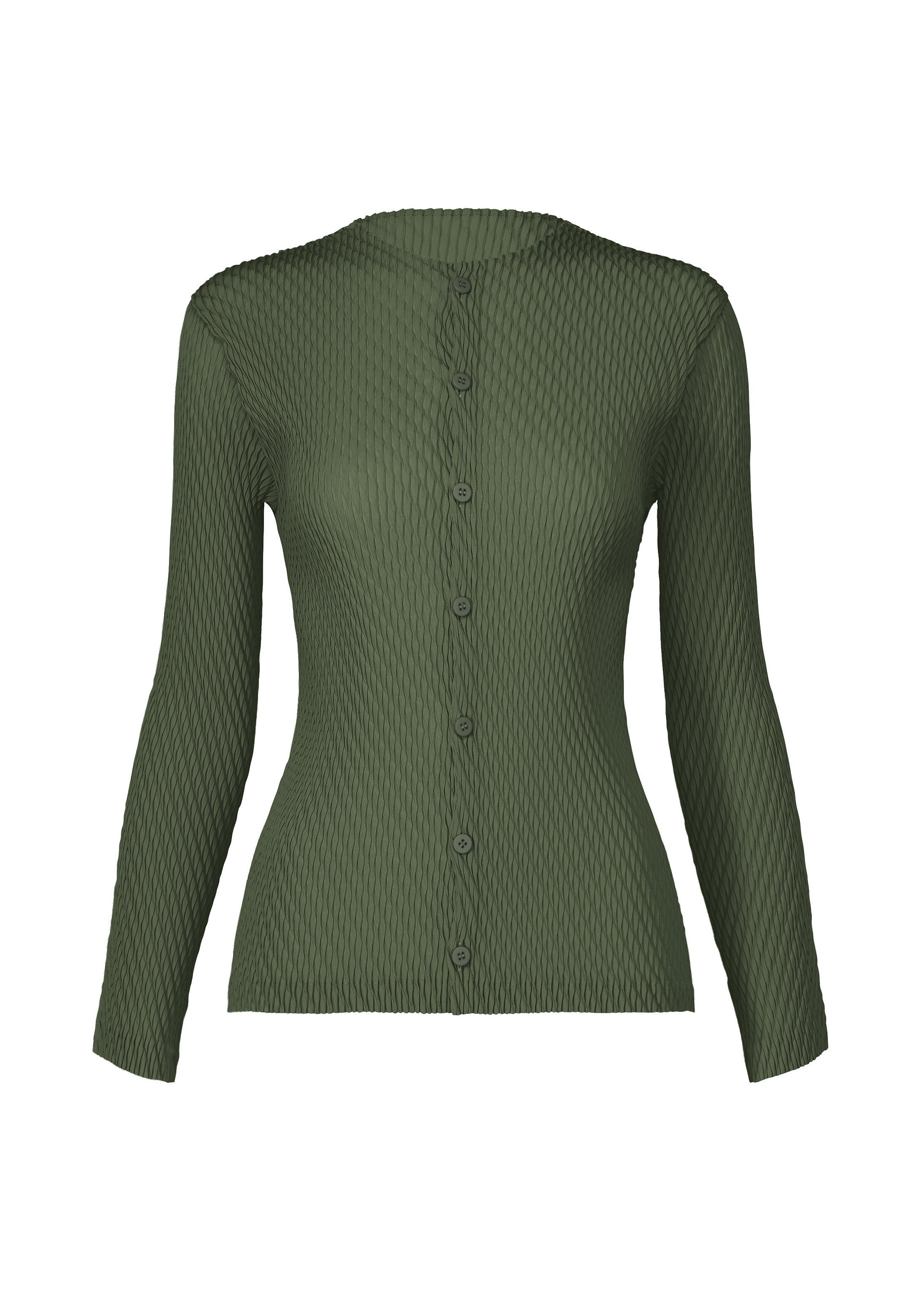 Zoomed view The RHOMBUS PLEATS by ISSEY MIYAKE is a fitted, long-sleeve olive green cardigan featuring a subtle ribbed texture, front button closure, and a sleek silhouette for timeless style. - DARK GREEN （no.63）