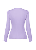 Back view of the ISSEY MIYAKE RHOMBUS PLEATS cardigan, a fitted long-sleeve ribbed knit top in light lavender purple, shown on a plain white background.