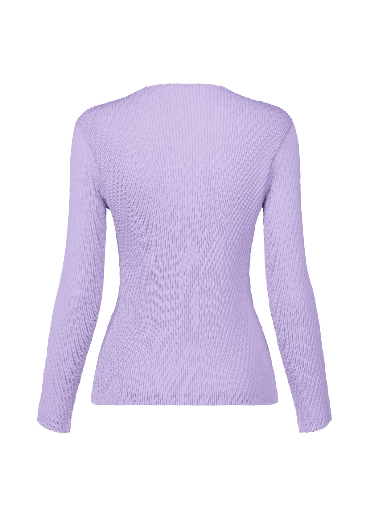 The RHOMBUS PLEATS top by ISSEY MIYAKE, a fitted long-sleeved ribbed lavender piece with a sleek silhouette, is shown from the back against a plain white background. view 2 of 4