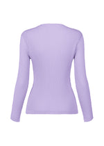 The RHOMBUS PLEATS top by ISSEY MIYAKE, a fitted long-sleeved ribbed lavender piece with a sleek silhouette, is shown from the back against a plain white background.