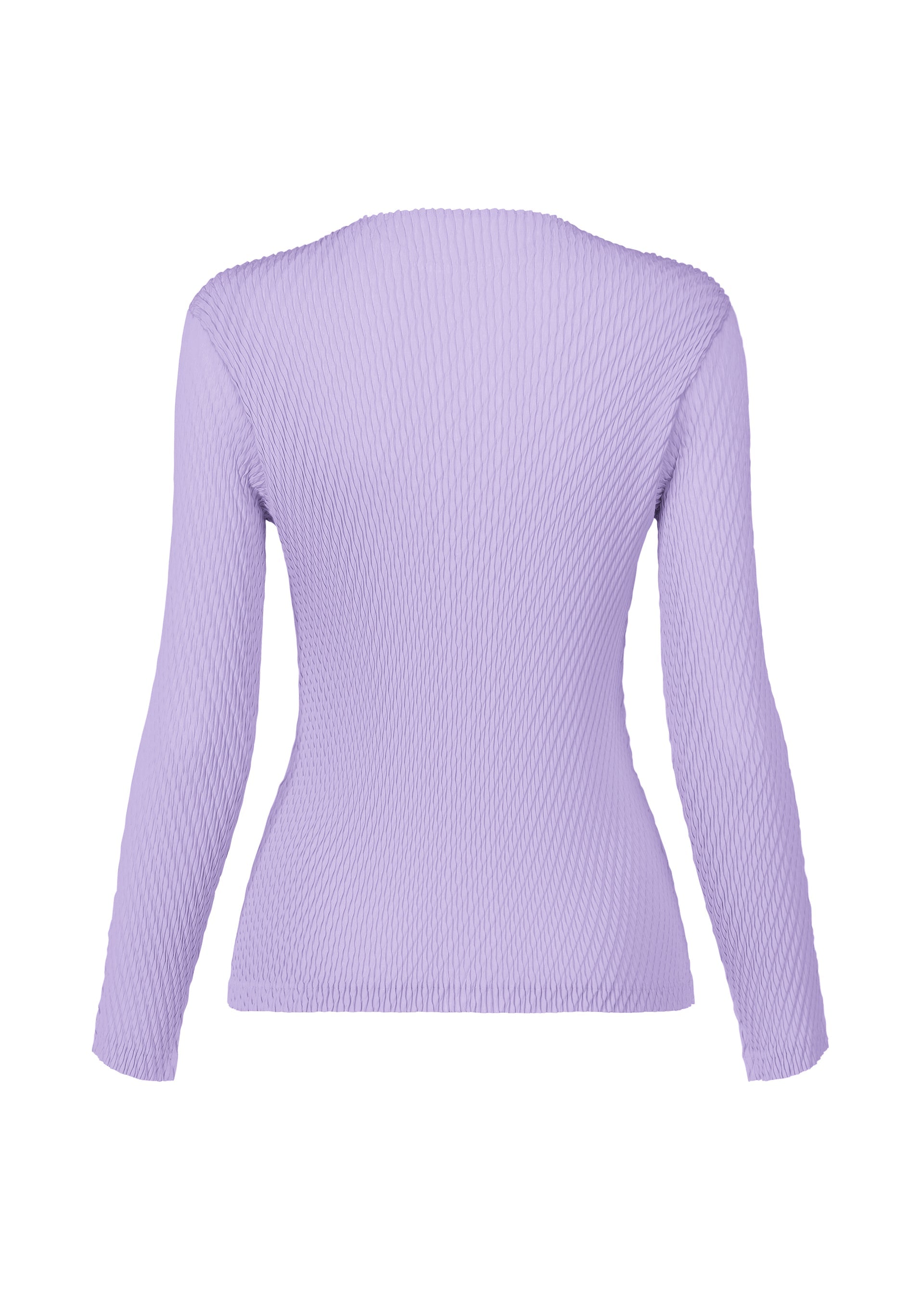 Zoomed view The RHOMBUS PLEATS top by ISSEY MIYAKE, a fitted long-sleeved ribbed lavender piece with a sleek silhouette, is shown from the back against a plain white background.