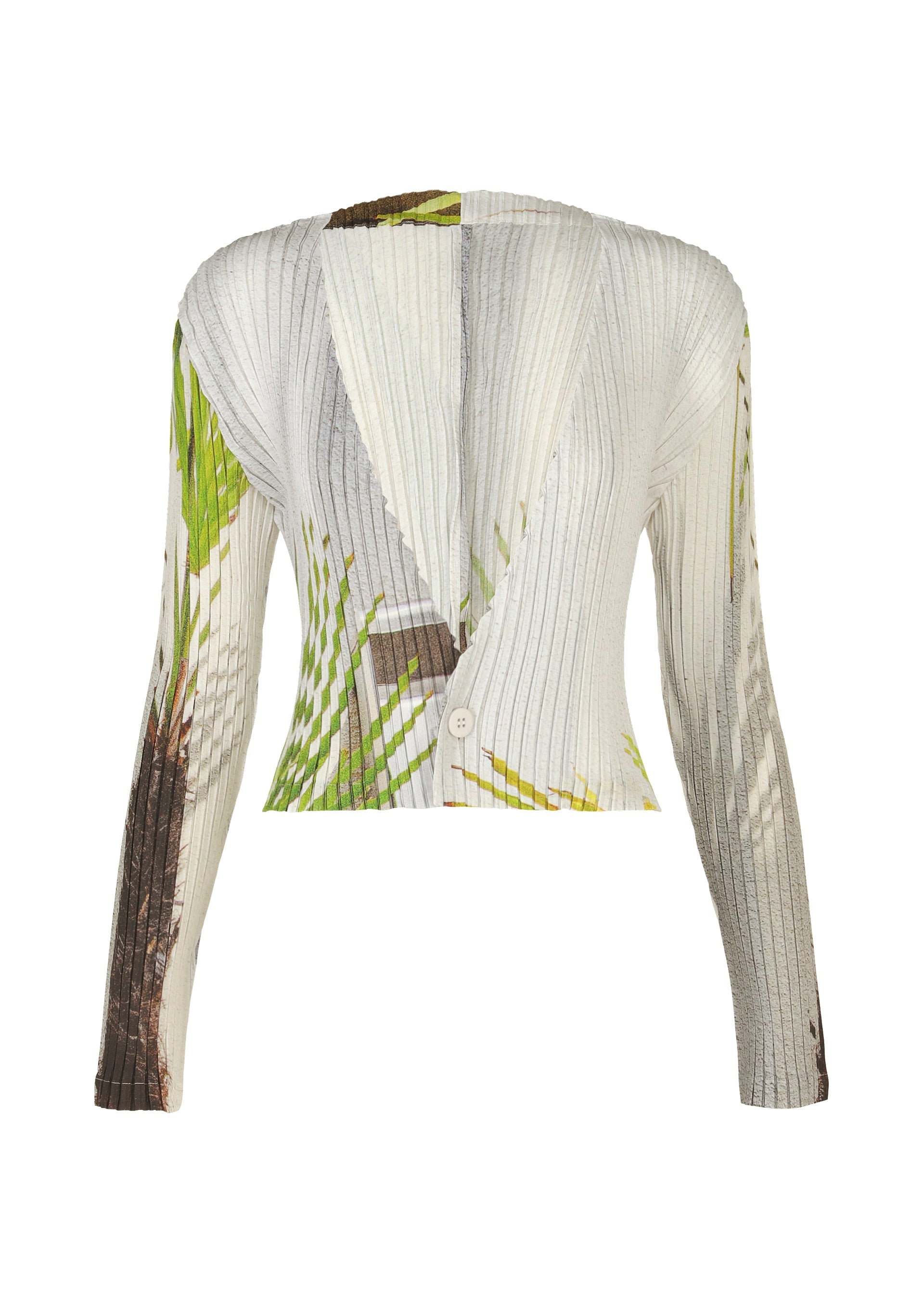 Zoomed view The ISSEY MIYAKE URBAN JUNGLE PLEATS is a ribbed, long-sleeve cropped cardigan with a V-neck, single-button closure, and an abstract pleated pattern in white, gray, green, and brown. - WHITE-HUED （no.07）