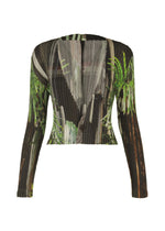 The URBAN JUNGLE PLEATS cardigan by ISSEY MIYAKE features long sleeves, ribbed fabric, a deep V-neck, buttons, and a green, brown, and gray palm print—ideal for bringing jungle-inspired flair to your style. - BLACK-HUED （no.17）