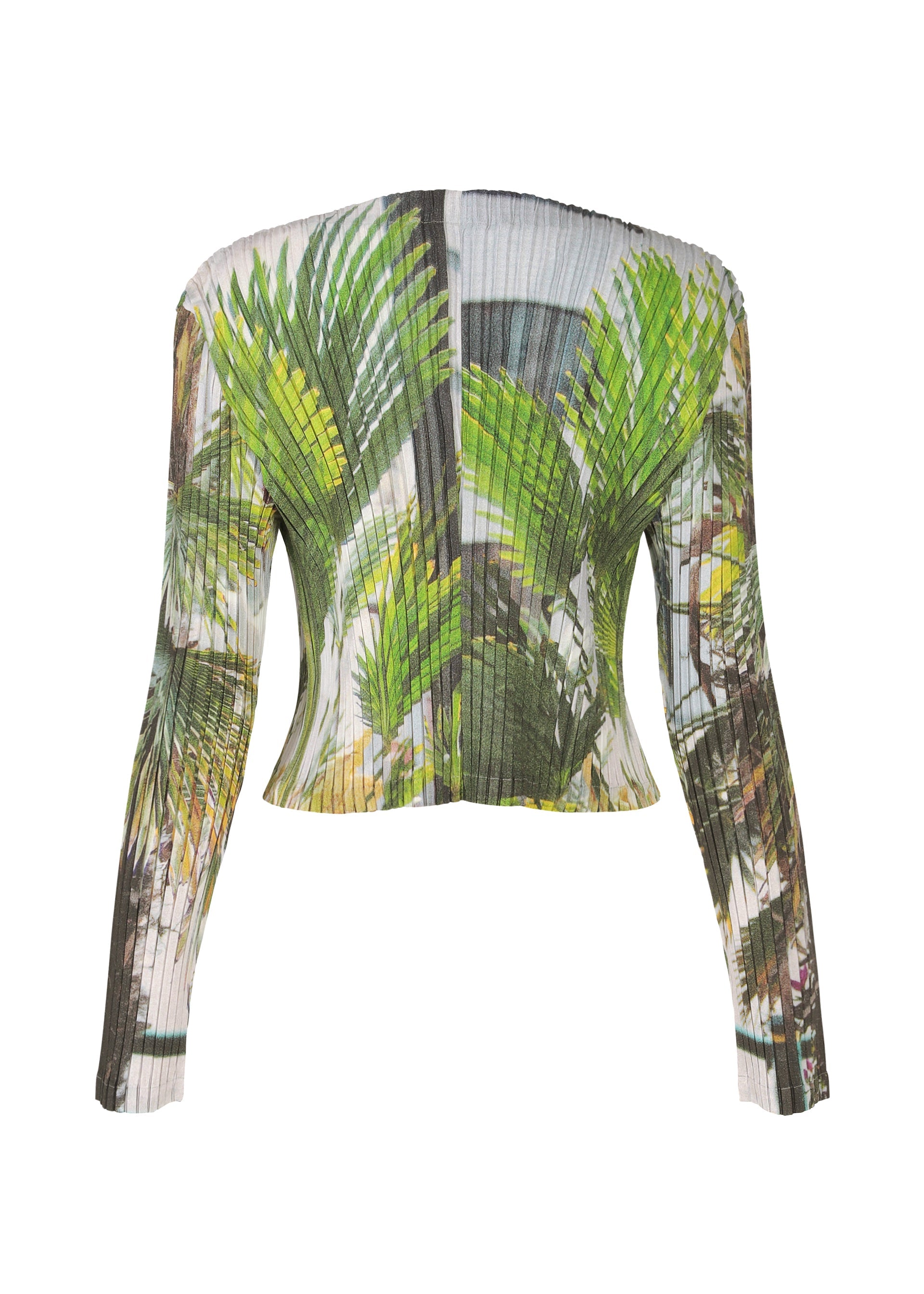 Zoomed view The ISSEY MIYAKE URBAN JUNGLE PLEATS is a long-sleeve, off-the-shoulder ribbed cardigan featuring a tropical green palm leaf print on a light background.