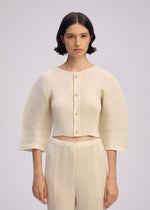 A woman with short dark hair wears ISSEY MIYAKE's LINEN LIKE RIB PLEATS set—a cream box-pleat button-up top with wide sleeves and matching pleated pants—against a plain light background.