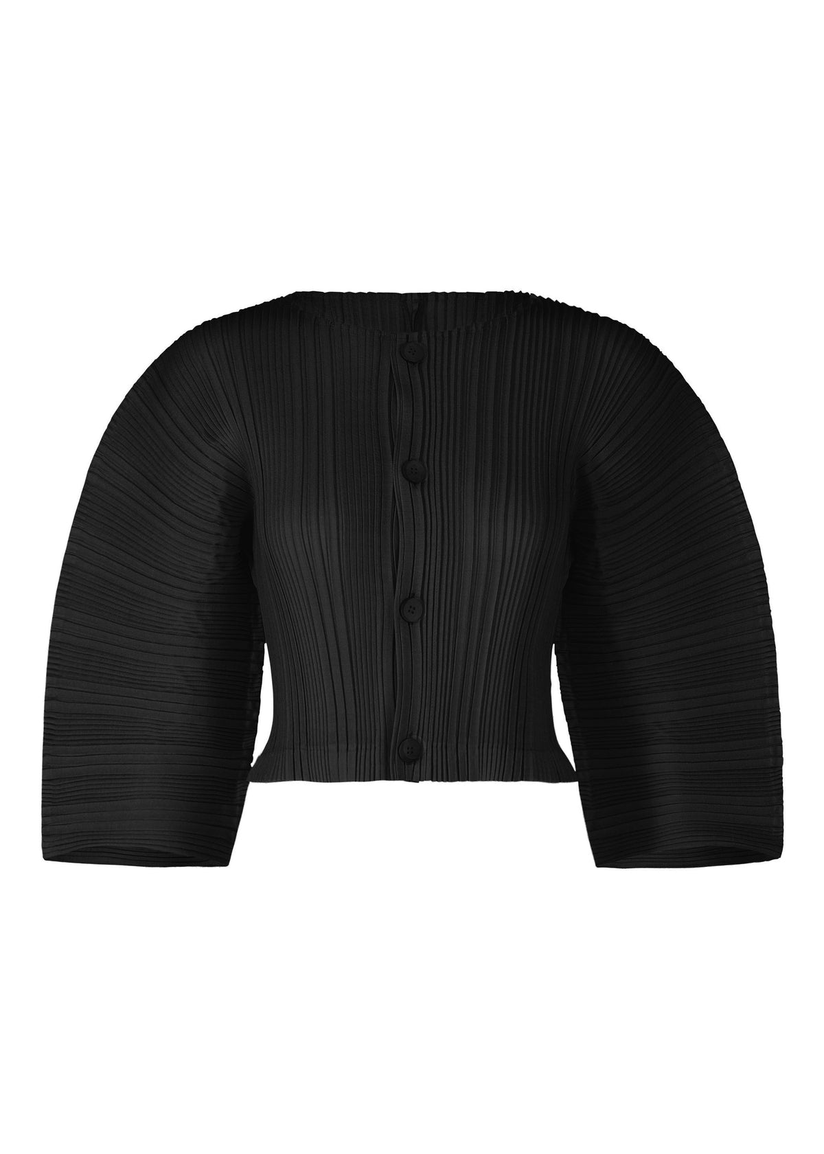 The LINEN LIKE RIB PLEATS blouse by ISSEY MIYAKE is a black, cropped top with box pleats, wide three-quarter sleeves, front buttons, and a linen-like texture for added charm. view 1 of 7